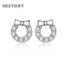 MEETSOFT Silver Plated Prevent Allergy Fashion Stud Earrings for Women Design Trendy Crystal Bow Wreath Hollow Out Jewelry Gift 2024 - buy cheap