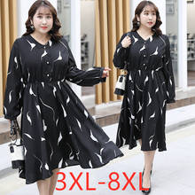 Vestido feminino folgado de manga longa, novo vestido plissado de botão estampado plus size preto, 4xl 5xl 6xl 7xg 8xg, primavera/outono 2021 2024 - compre barato