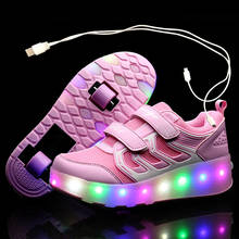 Новинка, розовый, черный, USB зарядка, модный светодиодный светильник для девочек и мальчиков, обувь для катания на роликах, детские кроссовки с колесами, два колеса 2024 - купить недорого