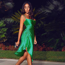 Summer Green Satin Side Split Ruched Women's Sleeveless Square Collar Solid Elegant Clubwear Evening Party Dresses 2024 - buy cheap