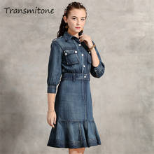 Denim Women's Dress 2019 Vintage Slim Waist Ruffles Women Dresses Half Sleeve Turn-down Collar Vestidos Graceful Dress 82195 2024 - buy cheap