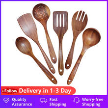 Wooden Utensils Set of 6 Large Kitchen Cooking Utensil for Non Stick Cookware Natural Teak Wood Spoons Spatula Ladle Colander 2024 - buy cheap