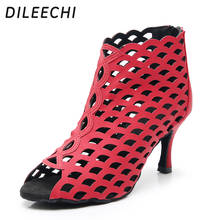 DILEECHI Latin dance shoes Women red leather Comfortable ballroom dancing Shoes salsa party shoes zipper back sandals heel 75mm 2024 - buy cheap