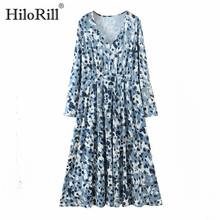 Длинное платье HiloRill с V-образным вырезом и принтом, повседневное свободное плиссированное платье, женские модные Макси-платья с длинным рукавом, осень-весна, платья Largos 2024 - купить недорого
