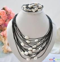 Free shipping    wholesale 15row 13mm white rice pearl black leather necklace & bracelet 2024 - buy cheap