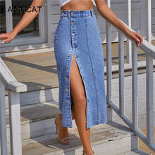 Articat High Waist Split Midi Demin Skirt For Woman Summer Korean Style Jeans Skirts Ladies Blue Slim Button Streetwear Harajuku 2024 - buy cheap