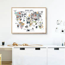 Pintura em tela ilustrada de animal, mapa do mundo, decoração para quarto de criança, arte da parede, pôster, imagem colorida para sala de estar 2024 - compre barato