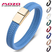 Pulseira masculina de couro trançado, bracelete da moda punk azul de couro, fecho magnético de aço inoxidável dourado 2024 - compre barato