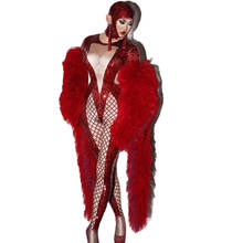 Сетчатый клетчатый женский боди с блестками и открытой спиной, эластичный прозрачный комбинезон с шаговым швом, длинное красное пальто с бахромой, наряд для ночного клуба 2024 - купить недорого