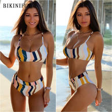 2021 New Sexy Striped Print Swimsuit Women Scoop Neck Swimwear Backless Bathing Suit S-L Girl High Waist Beachwear Bikini Set 2024 - buy cheap