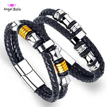 Men's Black Cow Genuine Leather Wrap Buddha Bracelet Titanium Stainless Steel Magnetic Rope Chain Male Charm Bracelet For Men 2024 - buy cheap