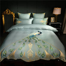 Papa&Mima Embroidery Luxury Bedding Set Queen King Size Duvet Cover Bed Sheet Set 600TC Egyptian Cotton Peacock Pattern 2024 - buy cheap