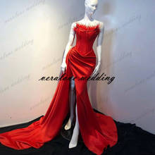 Vestido De noche rojo de satén De sirena, sin tirantes, pluma, Sexy, fiesta de graduación, 2021 2024 - compra barato