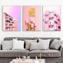 Moderno nórdico decoração de casa arte poster rosa flor edifício lona pintando romântico paisagem parede fotos para o quarto da menina 2024 - compre barato