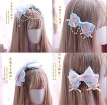 pink blue Gothic Lolita Lace Trim KC hair pin Pearls Bow Handwork Hair Accessories Headwear Women's Headdress B453 2024 - buy cheap