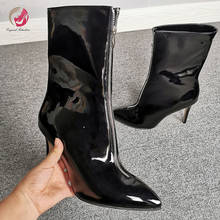 Original intenção moda zip ankle boots mulher couro de patente preto dedo do pé fino salto alto sexy botas curtas feminino elegante 2024 - compre barato
