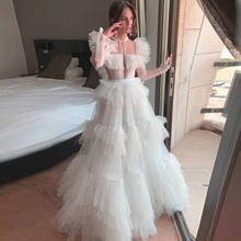 vestidos 2020 White Tulle Dress Long Sleeves Prom Party Dresses Puffy Ruffled Tulle A Line Wedding Gowns Custom Made Robe 2024 - buy cheap