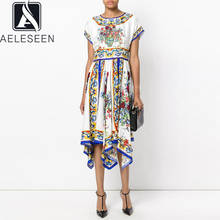 AELESEEN Runway Fashion Women Summer Dress 2021 Luxury Beading Diamonds Sleeveless Flower Print Long Party Irregular Dress 2024 - buy cheap