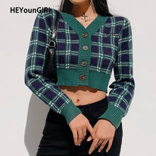 HEYounGIRL V Neck Plaid Vintage Knitted Crop Top Cardigan Casual Autumn Long Sleeve Sweater Women Knitwear Checkered Streetwear 2024 - buy cheap
