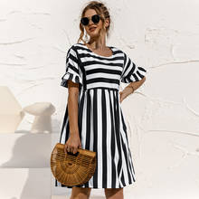 Casual Striped Patchwork A Line Dress Women 2021 Summer Elegant Ruffles Sleeve High Waist O Neck Loose Pocket Beach Dress Female 2024 - buy cheap