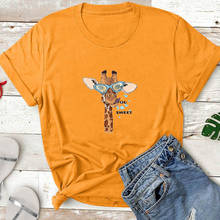 Camiseta de algodão de manga curta e girafa, engraçada, gola redonda, casual feminina, camiseta engraçada 2024 - compre barato