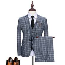 (Jackets+Vest+Pants) 2021 Male pure cotton plaid business Blazers/Men's slim fit three-piece suit/Man groom dress Gray blue 3XL 2024 - buy cheap