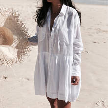 2021 White Cotton Tunic Beach Dress Plus Size Women Summer Beachwear Long Sleeve Turn Down Collar Pocket Front Mini Dress N662 2024 - buy cheap