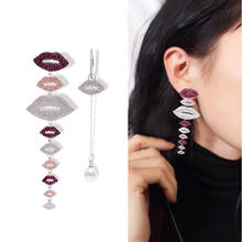 Trendy Shiny Full Crystal Tassel Lips Asymmetric Earring Rhinestone Red Mouth Chain Long Drop Earrings For Women 2024 - buy cheap