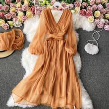 2021 Sping New Women V-Neck Puff Sleeve chiffon A-Line Dress Female Chic Elegant Vacation Dresses With Scarf Two Pcs Sets 2024 - buy cheap