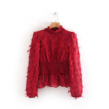 Fringed Shirt Elegant Fashion Chic Peplum Top Blusa Camisa Mujer Women Red Tassel Blouse Long Sleeve High Neck Chiffon Full 2024 - buy cheap