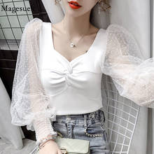 Blusa vintage de bolinhas e gola quadrada, camisa feminina branca para outono, com manga longa e renda, sexy, 12075 2024 - compre barato