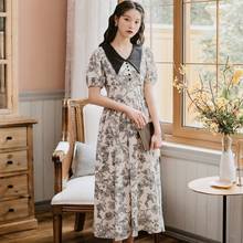 Винтажное модное платье миди с цветочным принтом и коротким рукавом 2021 летнее повседневное элегантное корейское офисное женское платье с высокой талией 2024 - купить недорого