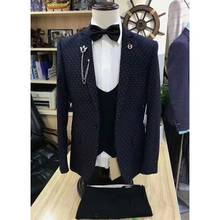 Classic Navy Blue Dots Blazer Black Vest Pant Groom Suits For Wedding 2021 Best Man Suits For Mens Suits Business Party Tuxedos 2024 - buy cheap