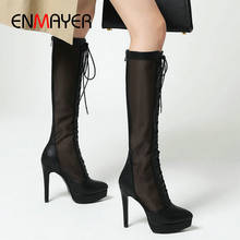 ENMAYER Fashion Lace-Up Round Toe Thin Heels Basic Round Toe Knee High Boots 2020 Women Shoes Patchwork Women Boots Size 34-43 2024 - buy cheap