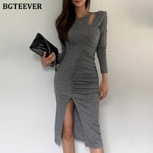 BGTEEVER Sexy O-neck Hollow Out Women Bodycon Sweater Dress Spriing Split Female Mid-length Dress Female Knitted Pencil Vestidos 2024 - buy cheap