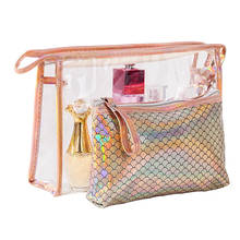Multifunction Travel Cosmetic Bag 2 in 1 Transparent Toiletries Organizer Laser Hologram PU Women Make up Bag Set neceser 2024 - buy cheap