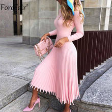Forefair O Neck Pink Pleated Knitted Midi Dress Autumn Winter Long Sleeve Ribbed A Line Elegant O Neck Casual Office Ladies 2024 - buy cheap