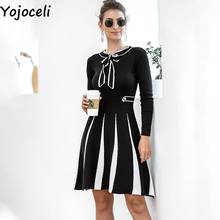 Yojoceli Elegant bow striped knitted skate dress women Autumn black warm sweater dress vestidos Winter sexy short dress vestidos 2024 - buy cheap