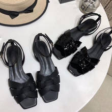2021 Summer Sandals Weave Women Shoes Square Toe Women Sandals Classic Genuine Leather Backle Strap Shoes Woman Flats Sandals 2024 - buy cheap