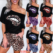 5XL Plus Size Two Piece Set Tracksuit Women Summer Clothing Lips Short Sleeve Top Leopard Shorts Suit 2pcs Outfits Matching Sets 2024 - buy cheap