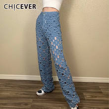 CHICEVER Hollow Out Jeans For Women High Waist Loose Streetwear Wide Leg Denim Casual Pants Female 2022 Fashion Clothing Style 2024 - buy cheap