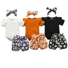 3Pcs Summer Newborn Baby Girl Clothing Set Fashion Daisy Printed Shorts Headband Solid Romper Top 0-24M 2024 - buy cheap