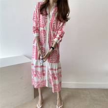 Платье женское длинное с цветочным принтом, винтажное Элегантное однобортное повседневное свободное приталенное, с длинным рукавом, в Корейском стиле, B556, на весну 2024 - купить недорого