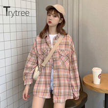 Trytree 2020 Autumn Woman Casual Blouse Turn-down Collar Single Breasted Plaid Pockets Loose Vintage All-Purpose Style Blouse 2024 - buy cheap