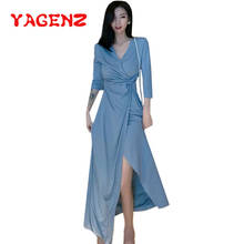 YAGENZ-Vestido largo ajustado con escote en V para Mujer, prenda Sexy de manga larga con abertura, Primavera, 723 2024 - compra barato