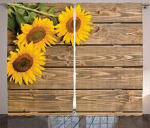 Sunflower Curtains 3 Sunflowers on Wooden Background at Top Left Corner Picture Print Living Room Bedroom Window Drapes Umber 2024 - buy cheap