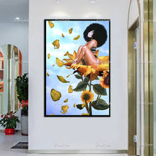 Плакат с подсолнухом для черной девушки, принты с черной девушкой в афроамериканском стиле, черная женщина меланин, настенное искусство, холст для домашнего декора, подарок 2024 - купить недорого