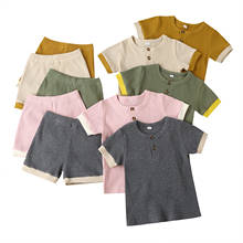 2021 0-6Y Casual Kids Baby Boy Girl Clothing Knitted 2pcs Patch Button Short Sleeve Patch T-shirt Top+Loose Shorts Outfits Set 2024 - buy cheap