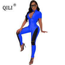 QILI  Bodysuit Short Sleeve Jumpsuits Zipper Patchwork Skinny Long Pants Jumpsuit Women Rompers Bodycon Jumpsuits Casual Overall 2024 - buy cheap
