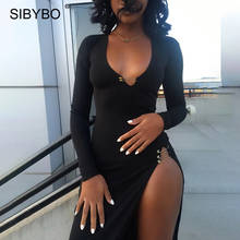 Sibybo-maxi vestido preto com divisão lateral, decote em v, manga longa, elegante, para festa, natal, outono 2020 2024 - compre barato